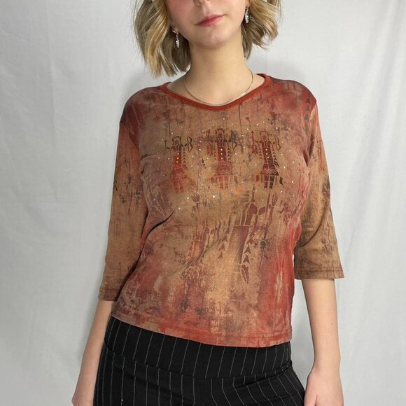 90s/y2k burnt orange printed graphic top - Picture 1 of 4